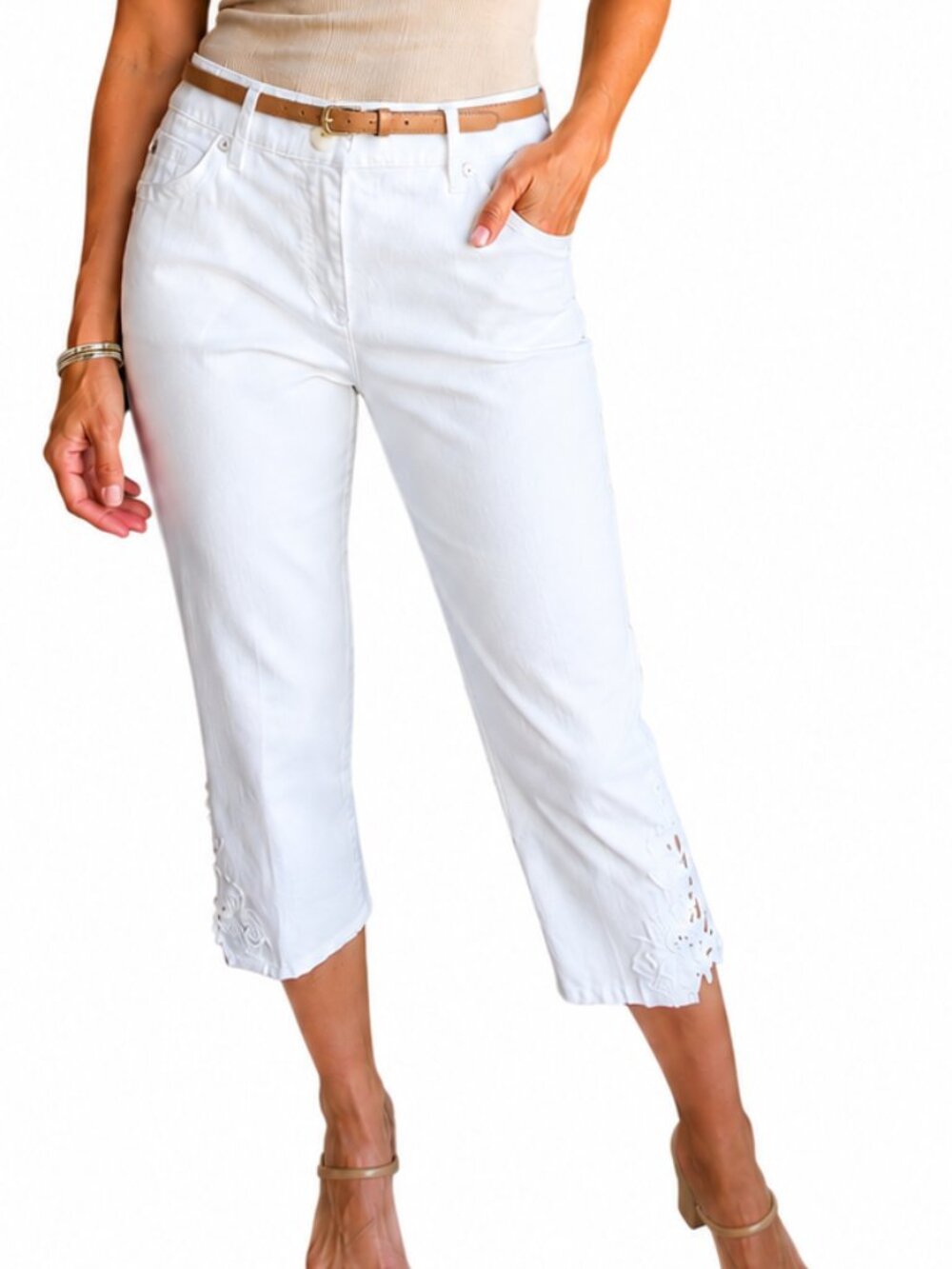 White capri pants, crocheted insert detail